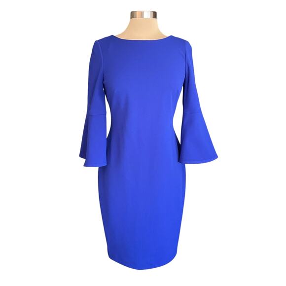 Calvin Klein Cobalt Blue Bell Sleeve Sheath Dress Size 8 Business Profressional - Picture 1 of 7